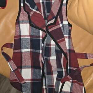Burgundy, Black & White Plaid Sleeveless Vest with Belt